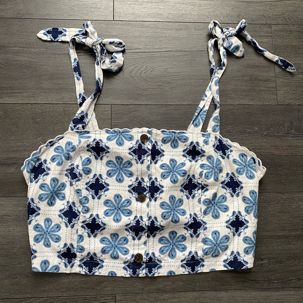 Agua Bendita x Target Blue White Floral Linen Blend Tie Straps Crop Tank Top 2X